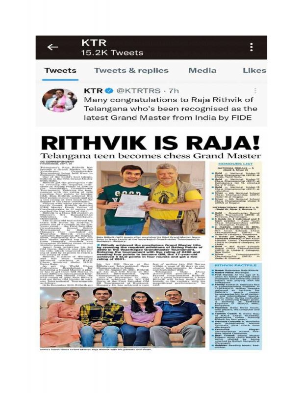 KTR Tweet on Raja Ritvik of BSRKV
